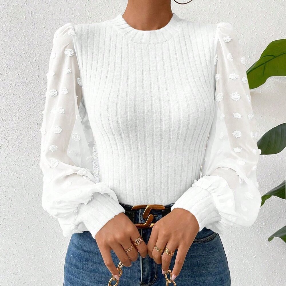 White Casual Women's Round Neck Slim-Fit Top With Mesh Contrast - Picture 4 of 6